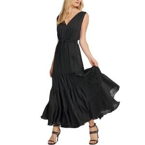DKNY Sleeveless Tie Waist Tiered Maxi Dress Black Satin Womens Size XL Versatile